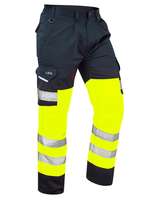 LEO BIDEFORD ISO 20471 CLASS 1 HI VIZ YELLOW - NAVY CARGO WORK TROUSER