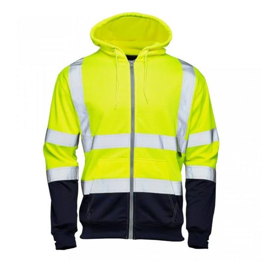 SUPERTOUCH HI-VIZ YELLOW-NAVY TWO TONE ZIPPED HOODED SWEAT TOP