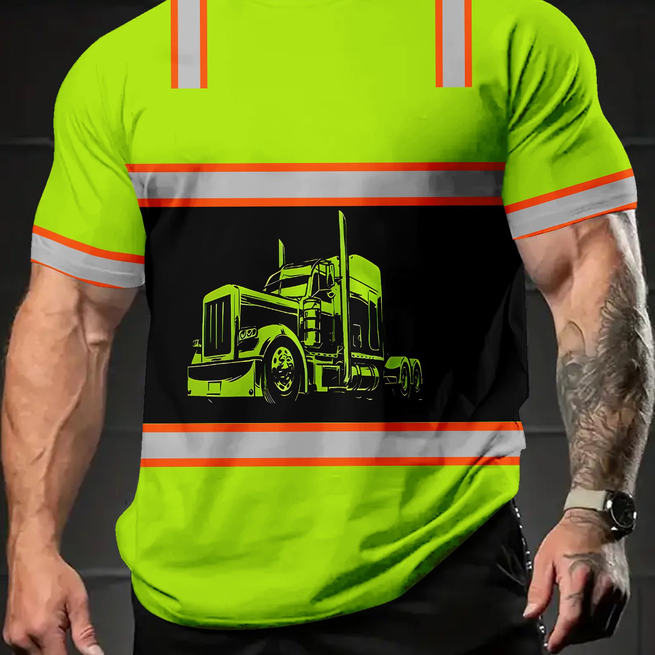 T-Shirt with Reflective Truck Graphic & Orange Safety Stripes