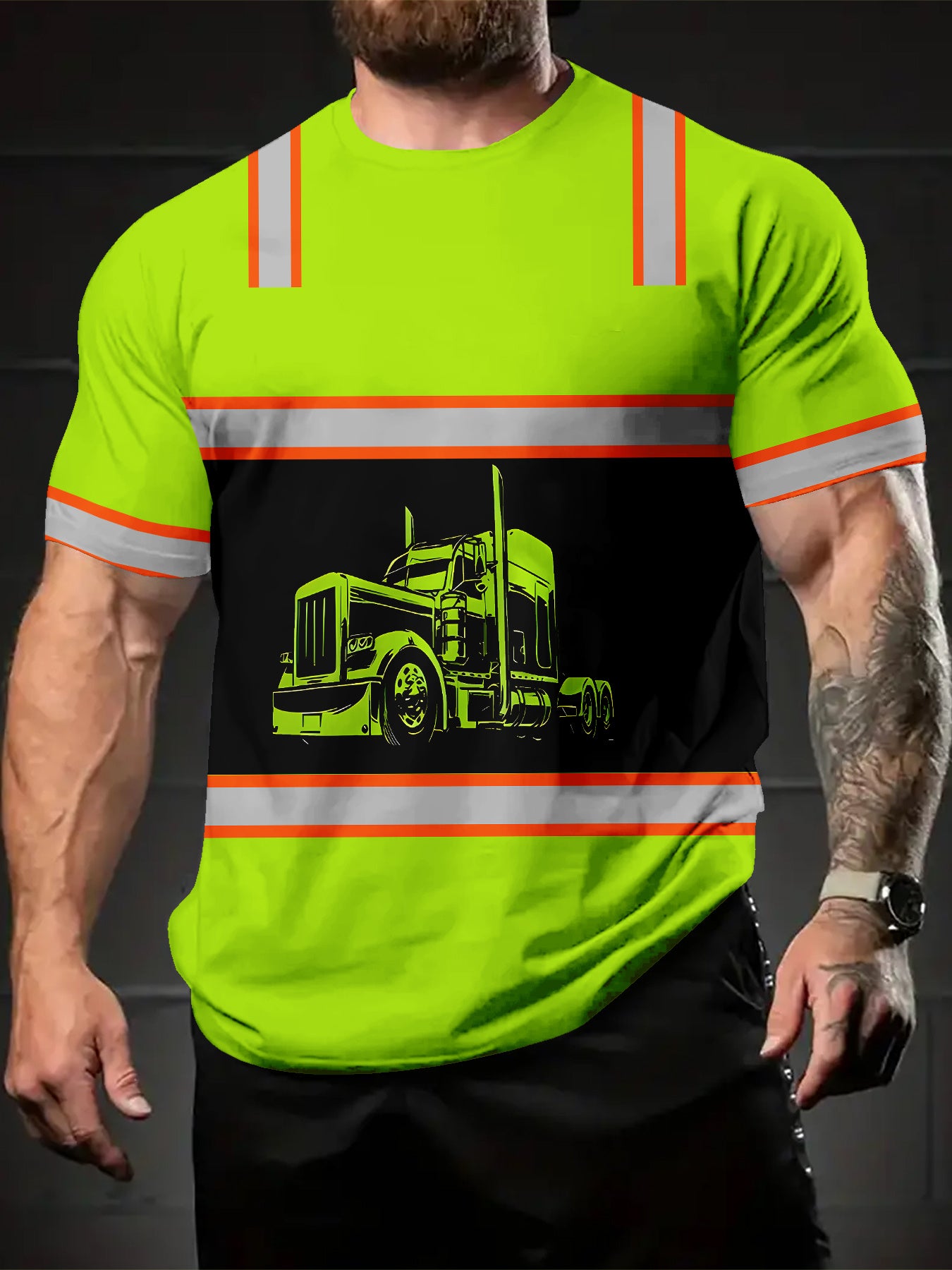 T-Shirt with Reflective Truck Graphic & Orange Safety Stripes